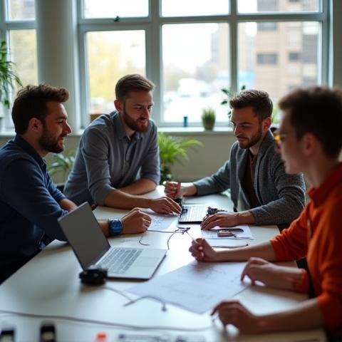 Smartwatch design team collaborating in a modern studio